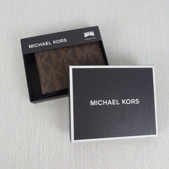 MICHAEL KORS Men's Wallet JET SET Slim Billfold Logo MK Brown Black New In Box - Picture 5 of 9